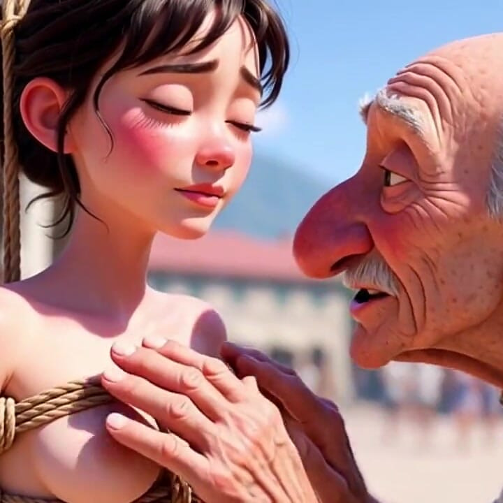 Tied Woman in Public Square - Old Man Caresses Her Body