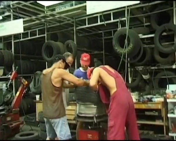 Pretty German whore fucked hard in a superb gangbang in the warehouse