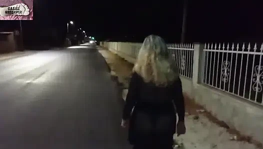 Mel showing off in public on the side of the road 13