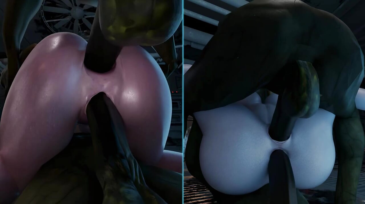 Lara és Tifa szopják az ogre faszot, miközben egyszerre dugják a punciját és a seggét. Szörny szórakozás 3D Hentai játék