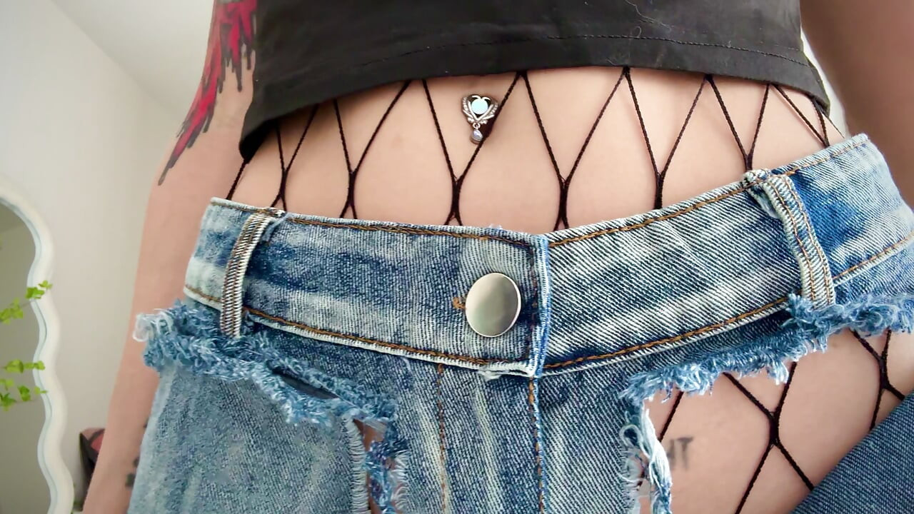 Trying on Sexy Ripped Denim Shorts Over Fishnets