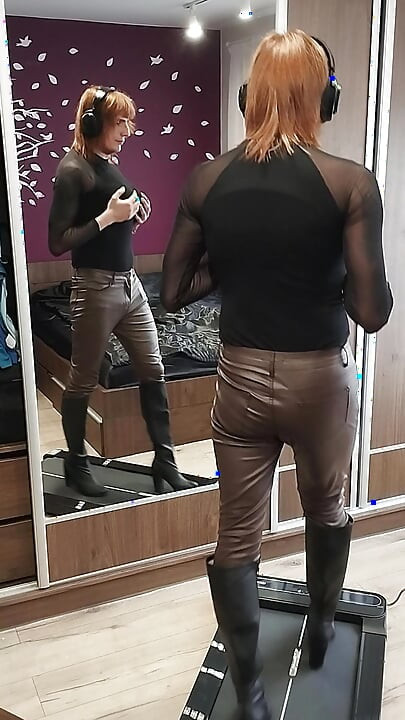 Learning to walk in heels in leather pants