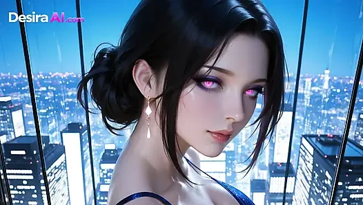 Si cantik penthouse 3d, toket di balik kaca, city neon menerangi setiap kurva