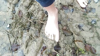 Stepping in Mud Barefoot - Dirty Feet and Jerk off and Stepping on Own Cum at the End
