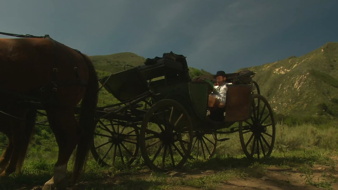 Carriage Sex in the Wild West - Curly Brunette in a Corset Rides Cock