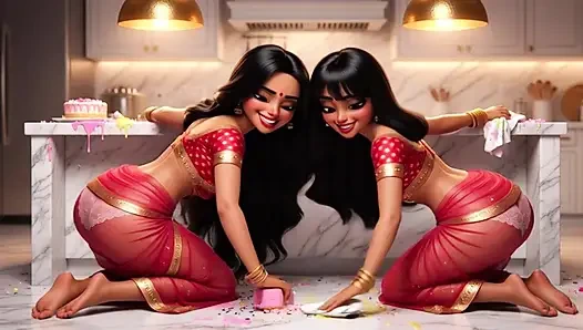 Две сладострастные индийские лесбиянки убирают пол на кухне на всех четвереньках в выявлении традиционных нарядов без трусиков