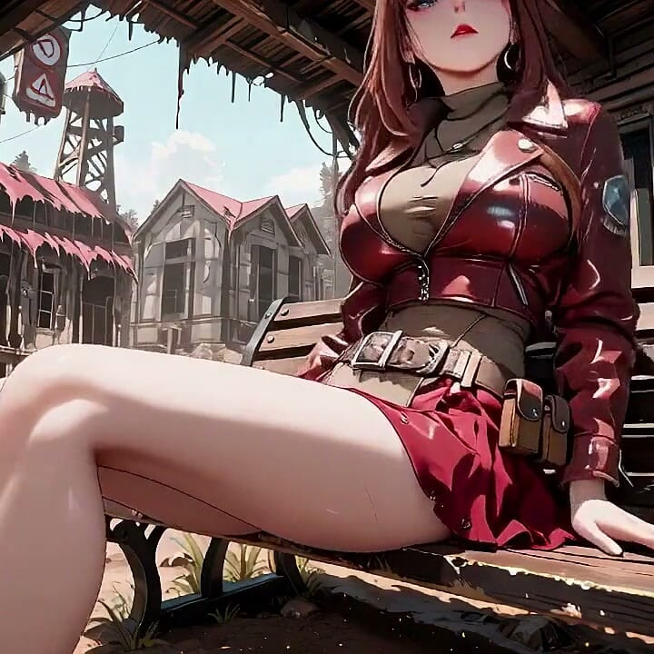 Tight Leather Suit Hugging Her Perfect Hips. She Lounges on the Broken Train Car, Hand Stroking Armor, Eyes Hazy yet Fierce.