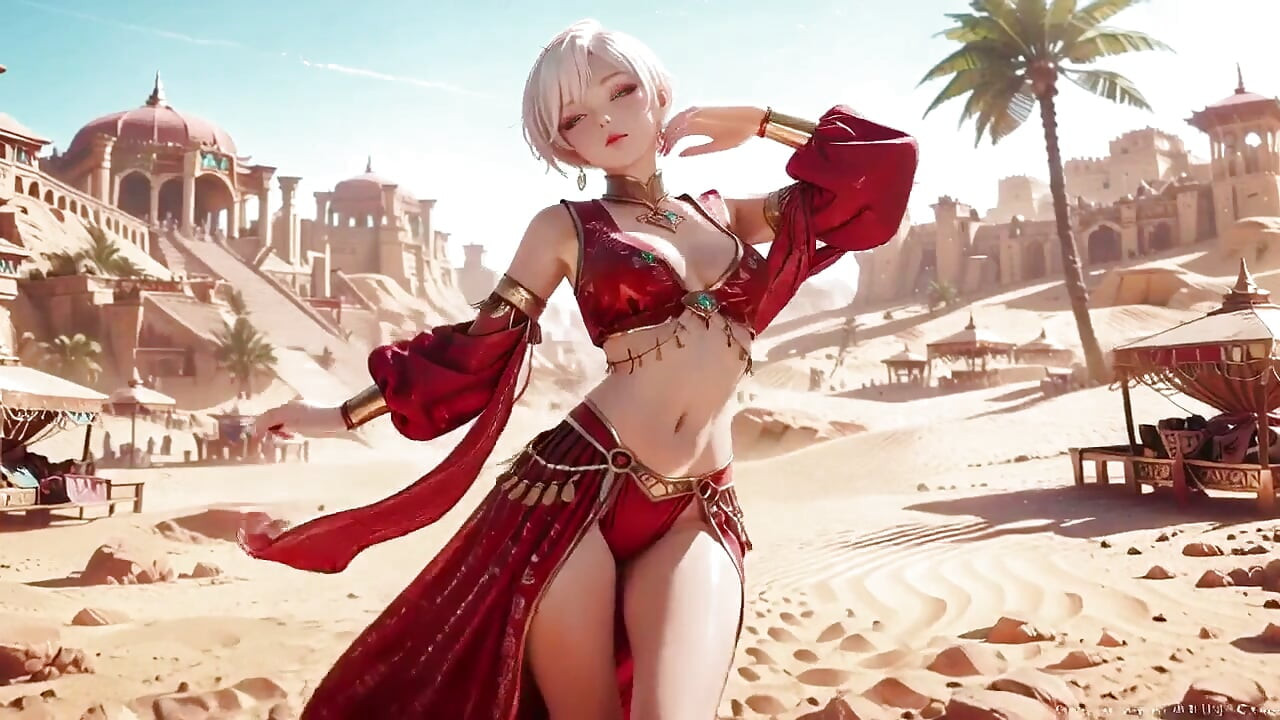 Desert Fantasy! Silver-haired Saintess's Private Dance in the Red-gold Palace, Light Ribbons Wrapping Around Her.