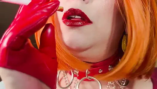 Redhead Tina In Red Leather Dress & Gloves Smoking A Cigarette With Lots Of Dangling, OMI, OME, Snap Inhales