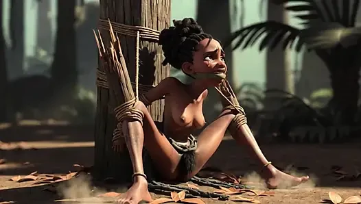 Gadis Afrika diikat dengan tali perbudakan - memek basah berbulu mendambakan kontol