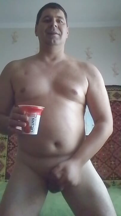 My dinner. Eating my own cum sperm strawberry yogurt and slice of Napoleon cake. IgorDickCum and huge cum.