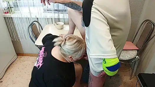 in the afternoon, I fuck my neighbor in the mouth in the kitchen and cum