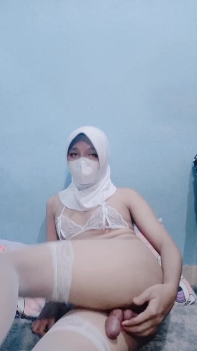 Sexy Gay femboy wearing white lingerie with hijab handjob | Clip 1