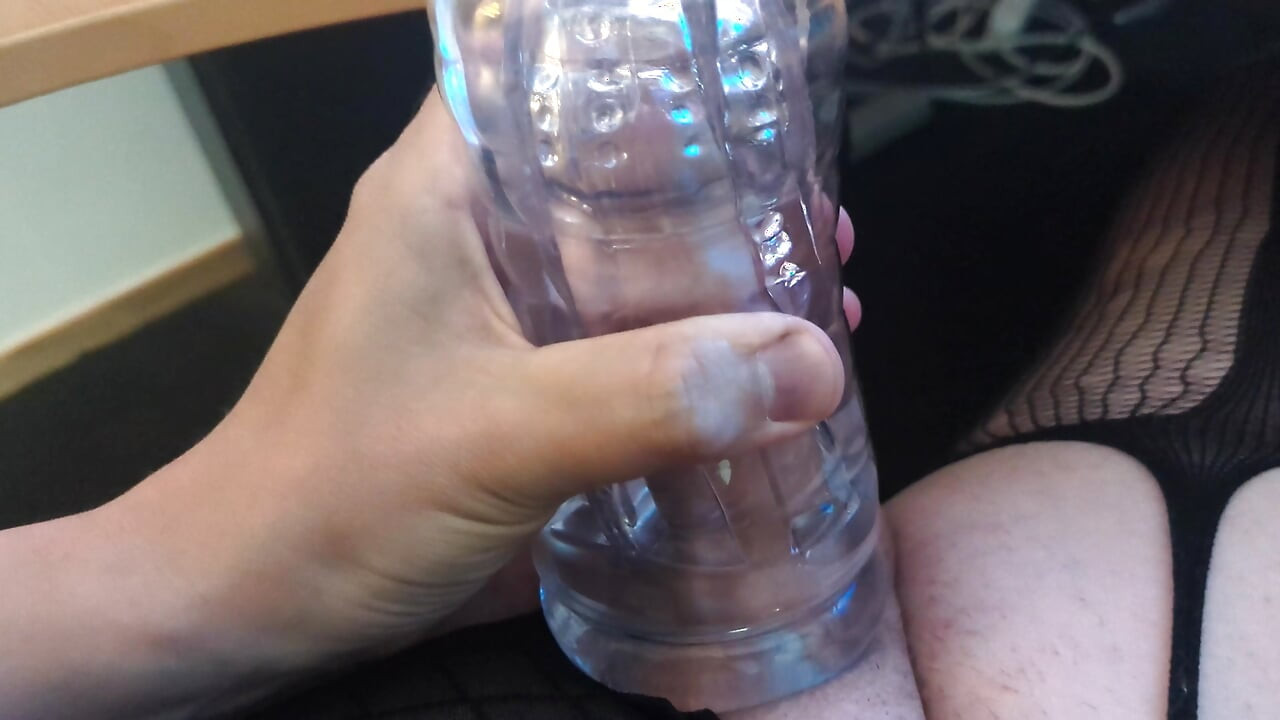 Hard throbbing girl cock playing with clear pussy toy and cumming inside
