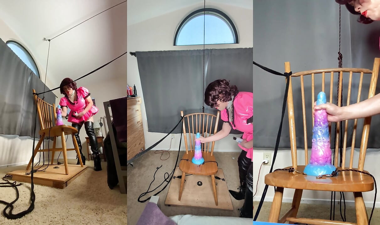 Sissy Candy in Self Bondage with Huge Dildos