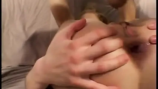 Blue-eyed blonde takes three large cocks