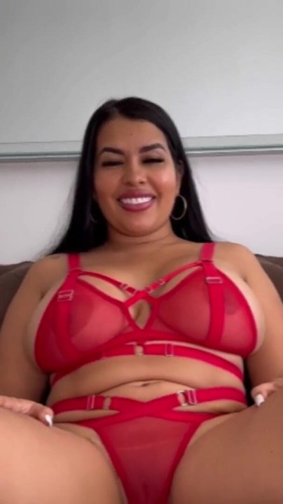 Pov Latina with huge ass in red lingerie masturbates with her BBC dildo | Clip 1
