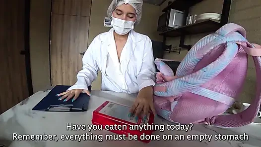 LATINA NURSE milks my CUM sample with Machine and his deepthroat