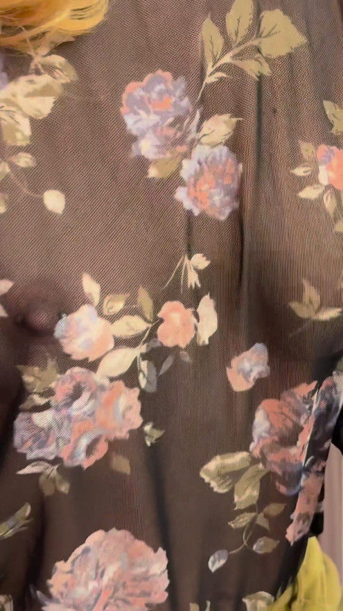 Trying my new sheer blouse in a caffe, showing my hard pierced nipples in public. | Clip 2