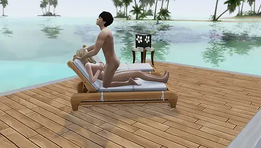 Couple in love have sex in public on the beach. The sims