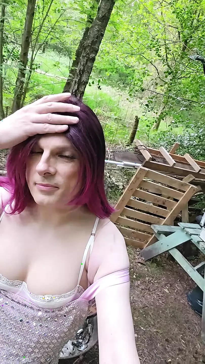 Putting my gorgeous dress on over my luxury lingerie in the woods