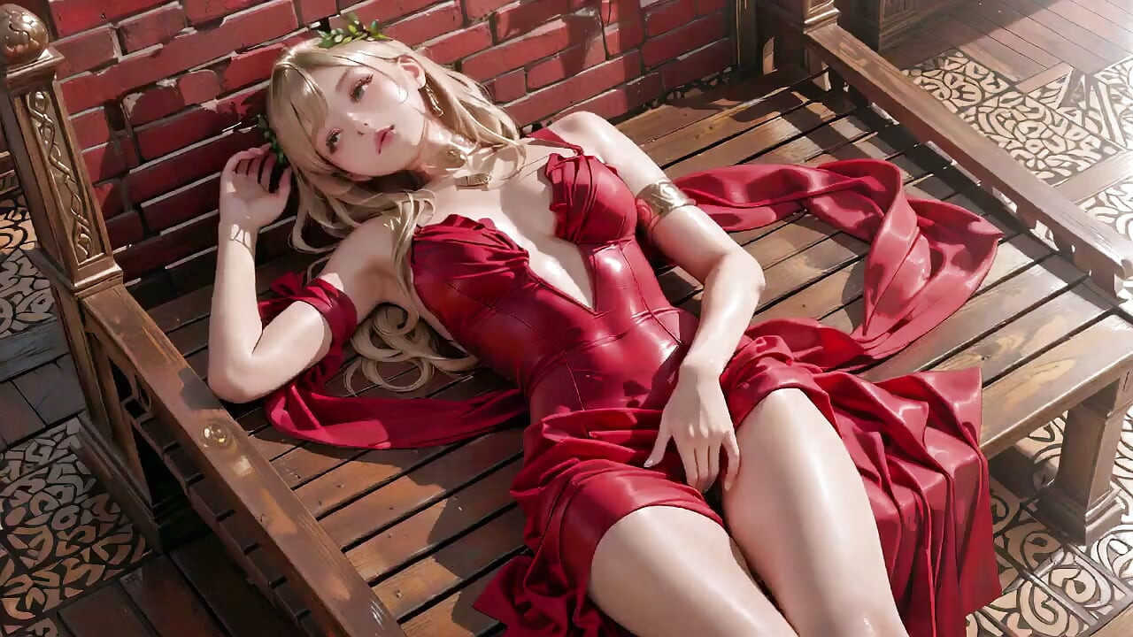 Blonde Queen in Red! Sitting by the Fountain, Adjusting Her Slit Dress. Eyes Locked on You.