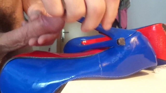 cumm over blue platform high heels