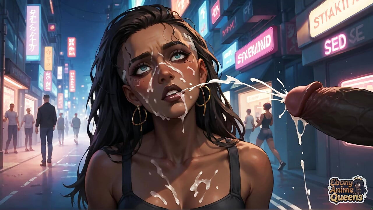 Cybernetická ebenová královna má tryskající orgasmus v neon city! Teplé dark-hued hardcore porno!