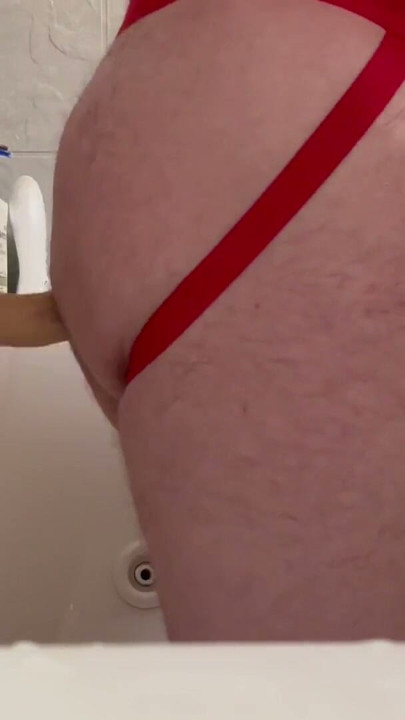 Fat bear chub plays with dildo in bathtub while wearing jock | Clip 1