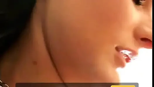 Slender brunette with a pierced tongue sucks the cameraman's cock