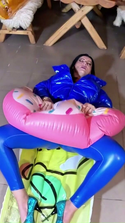 Dominant MILF Leather Pants and Glossy Downjacket. Air Mattress, Beach Ball Popping and Cum Play | Clip 1