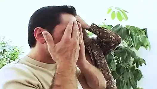 Horny MILF sucks two massive cocks then rides it to a mouth cumshot