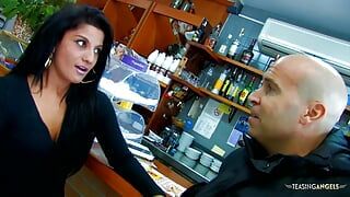 Adorable babe in a store gets picked up by a bald man for sex