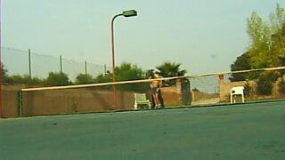 Hungry blonde slut rides cock on the tennis court like a real cowgirl