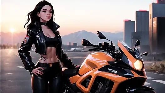 Cyberpunk Motorcycle Chick Rendez-Vous at the High Rise Hotel AI