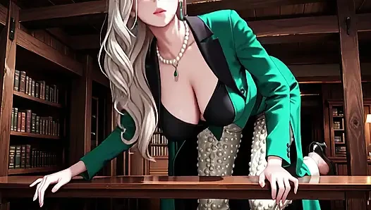 Green Suit Secretary! Ordered to organize files in the study, she deliberately exposes her deep V-neck and long legs.