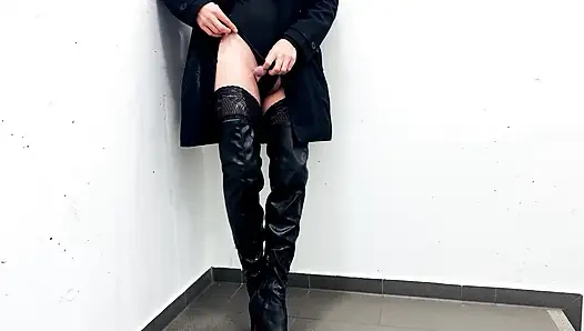 I piss in my bodysuit in high hooker boots with stockings