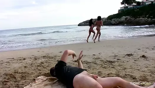 His beach day gets dirty as the brunettes ride his big cock