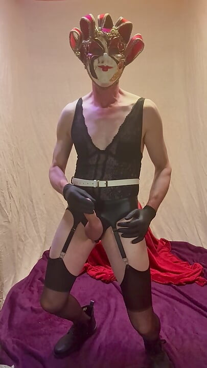 Wet Look Suspender Belt And Big Balls And Cock