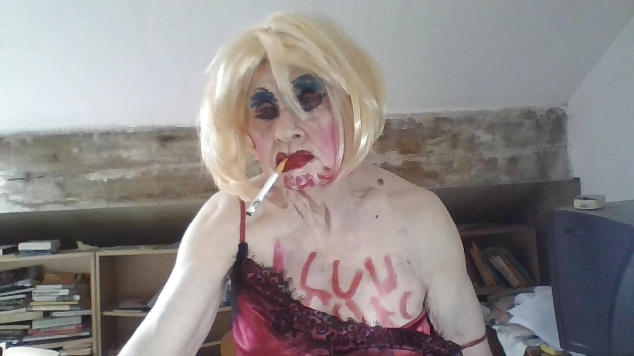 Femboi fag whore Sarah writes on her body, smokes, fingers her hole, and wanks to cumshot