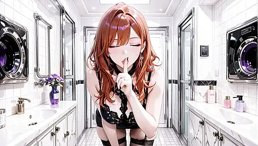 Redhead Anime Waifu in Black Lingerie and Sheer Stockings – Bathroom Fantasy