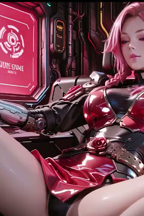 Pink-haired Mech Warrior! Kneeling in Neon Streets, Red Rose & Cold Armor Contrast.
