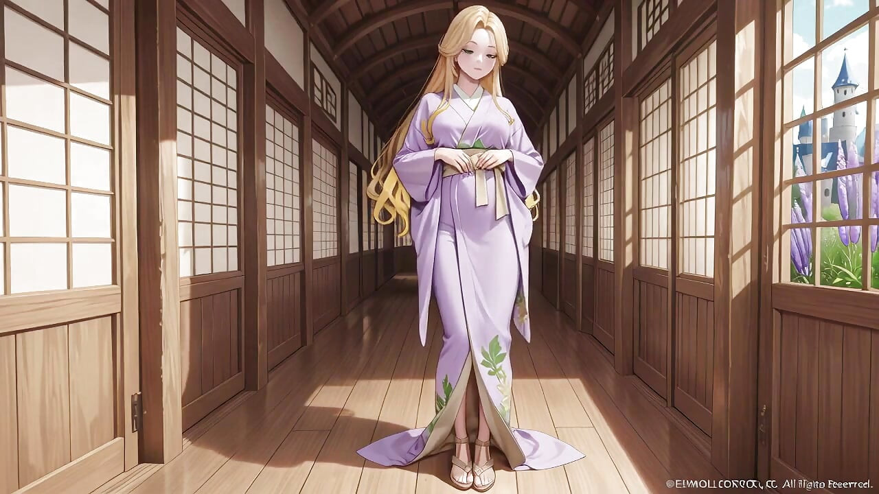Blonde in Lavender! Kneeling barefoot under the red Torii gate, her andouf fluttering in the breeze.