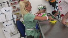 Busty blonde cashiers have hardcore threesome with a guy