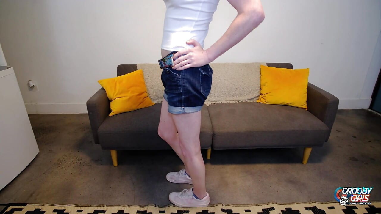 GROOBYGIRLS Slim Blonde Trans Model Masturbates on Couch