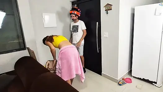 Alone Girl Wearing Only a Bath Towel Receives Delivery Boy!