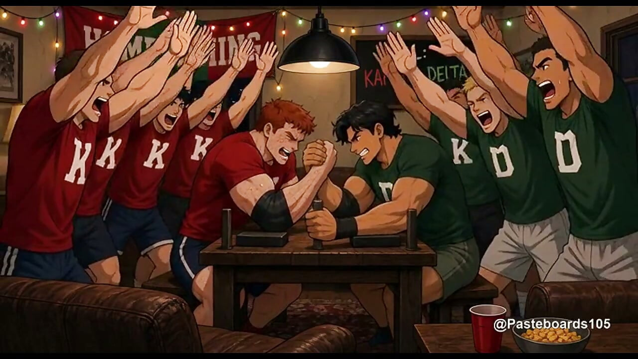 The Bet - Frat Captains Arm-Wrestling Wager, Loser Strapped To The Basement Bench (2D Anime Bara)