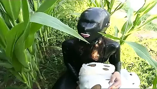 Fetish slave in latex walks and sucks a dildo on the grass