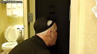 Gloryhole greedy amateur DILF sucks penis at his home