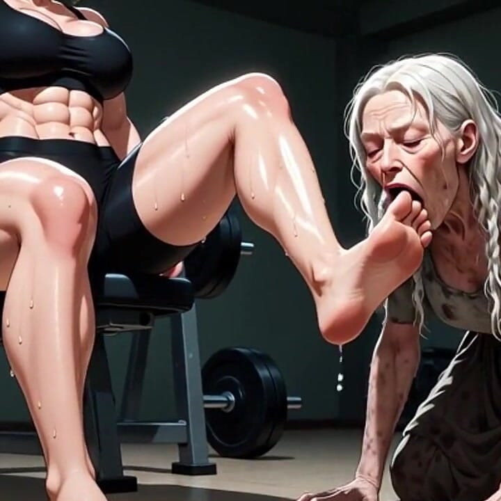 Elderly Granny Worshipping Muscular Domme Feet in Gym